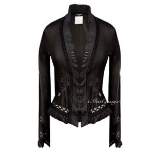 ✨Vintage CHANEL 2002 Collection Black Silk Lace Mesh Ruffle Cardigan Jacket